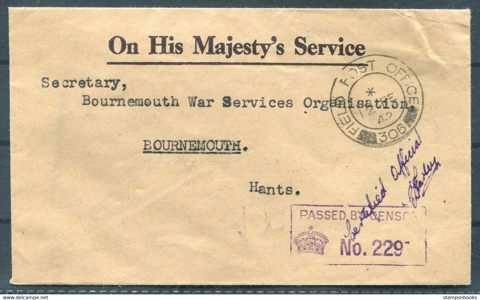 1942 Iceland Field Post Office FPO 306 O.H.M.S. "Certified Official" Censor Cover, Bournemouth War Service Organisation - Covers & Documents