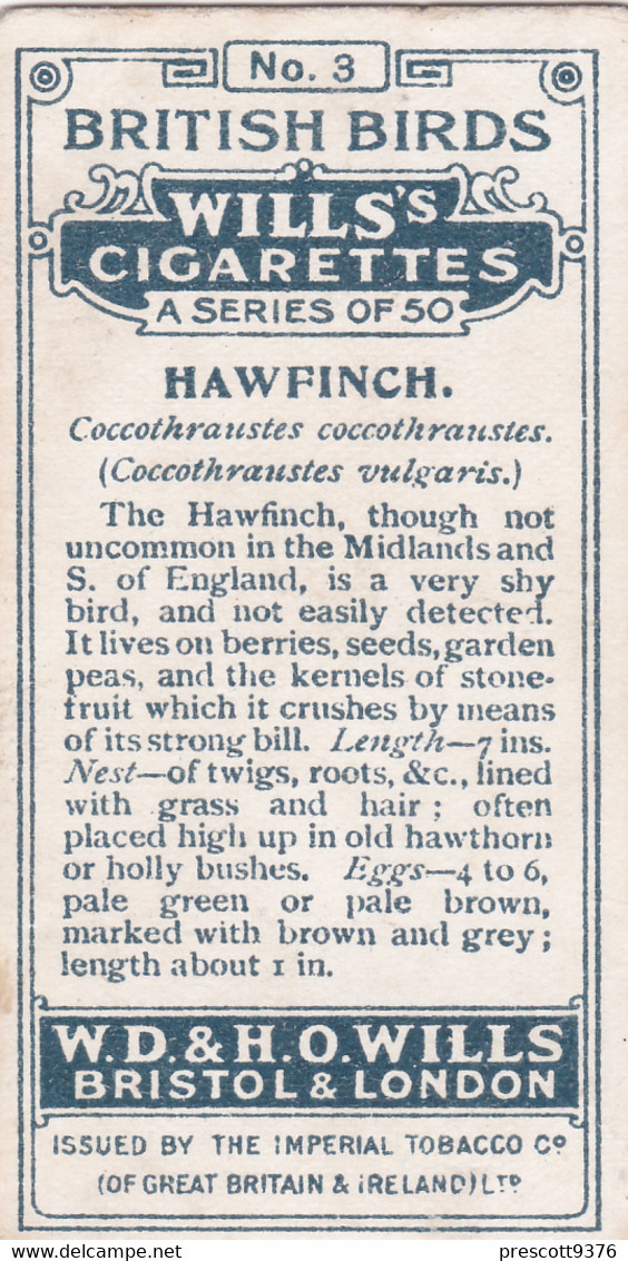 3 Hawfinch   -   British Birds 1915 - Wills Cigarette Card - Antique - Wildlife - Wills