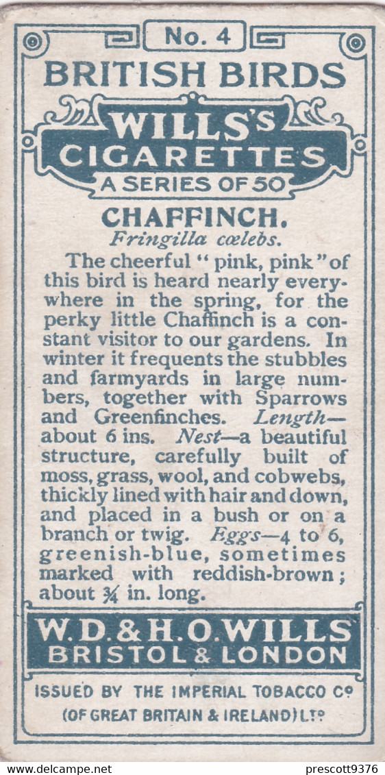 4 Chaffinch   -   British Birds 1915 - Wills Cigarette Card - Antique - Wildlife - Wills