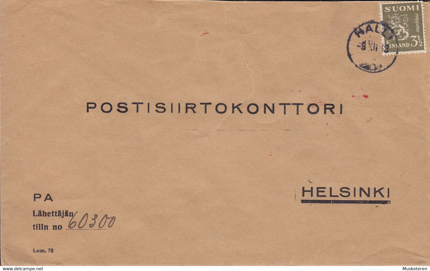 Finland PA Lähettajan HALLI 1933? Cover Brief POSTISIIRTOKONTTORI Helsinki Lion Arms Löwe Wappen Stamp - Covers & Documents