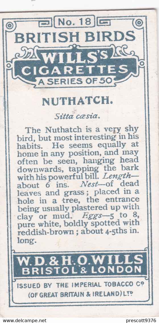 18 Nuthatch  -   British Birds 1915 - Wills Cigarette Card - Antique - Wildlife - Wills