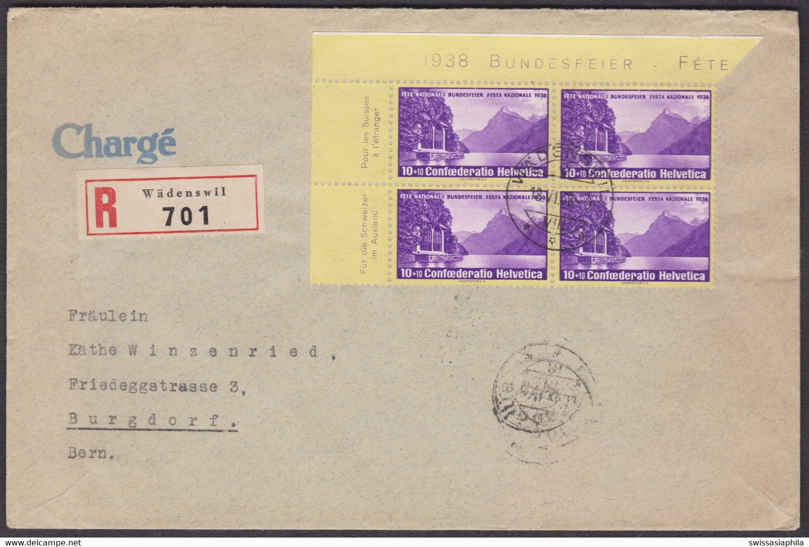 CH Pro Patria 1938 , B1 , 4-BLOCK FRANKATUR , MARKE O.L. MIT RETOUCHE 1.3.01 - Briefe U. Dokumente