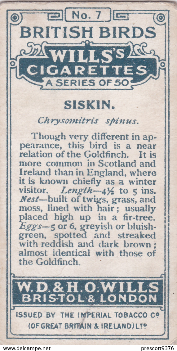 7 Siskin  -   British Birds 1915 - Wills Cigarette Card - Antique - Wildlife - Wills