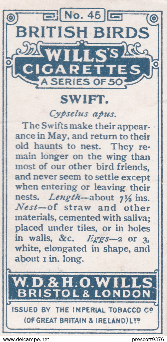 45 Swift  -   British Birds 1915 - Wills Cigarette Card - Antique - Wildlife - Wills