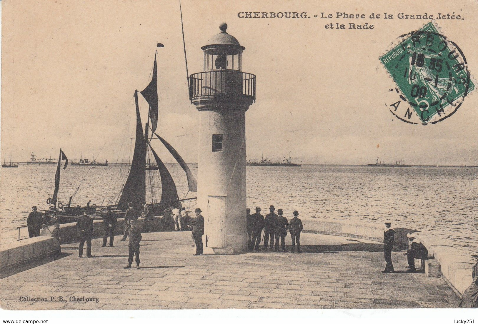 France - Phare - Cherbourg - Le Phare De La Grande Jetée Et La Rade - Circulée 10/01/1909 - Vuurtorens