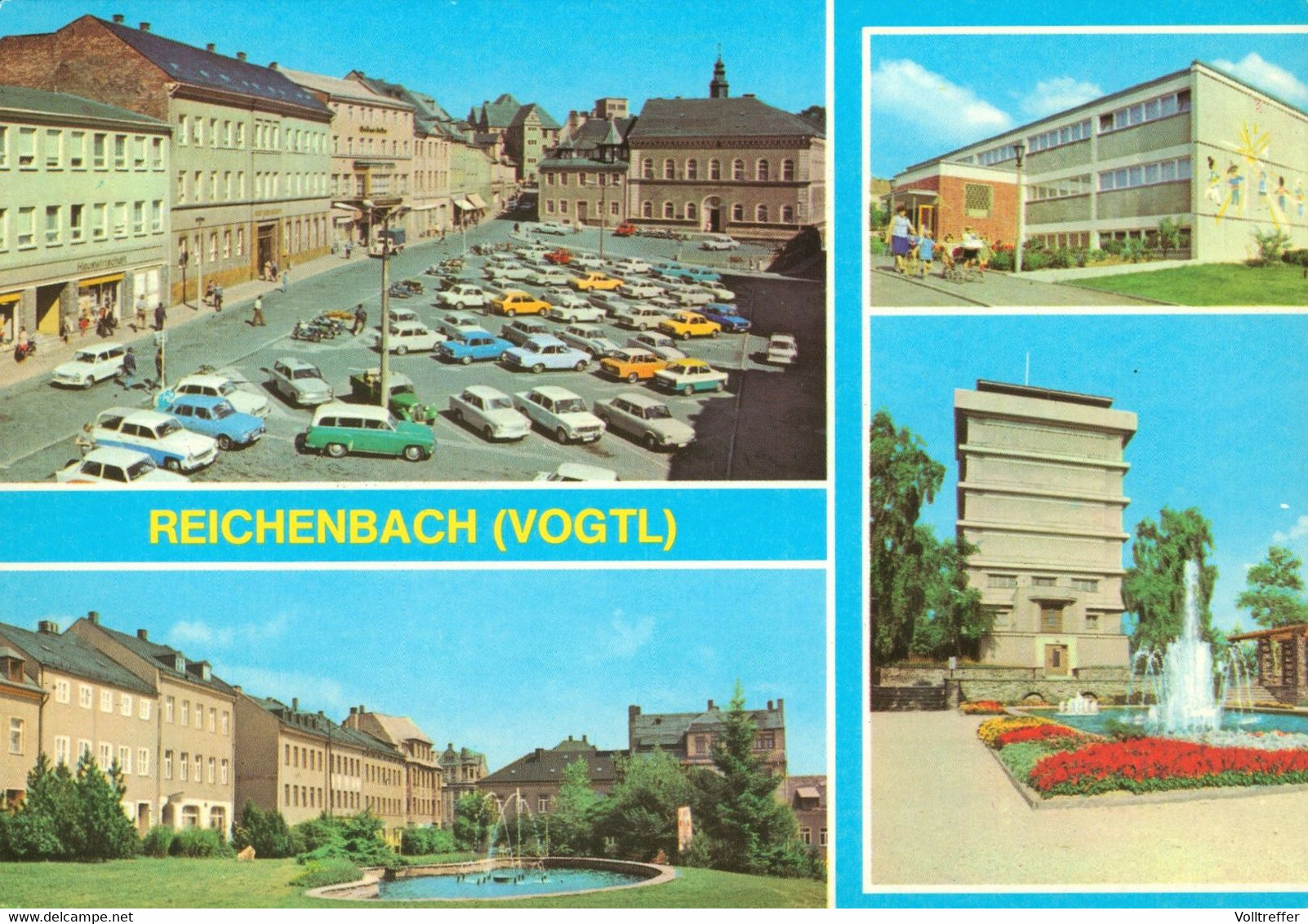 DDR Mehrbild AK Um 1983 Reichenbach Im Vogtland Mit Markt Parkplatz Oldtimer, Kindergarten Goldene Kindersonne U.a. - Reichenbach I. Vogtl.