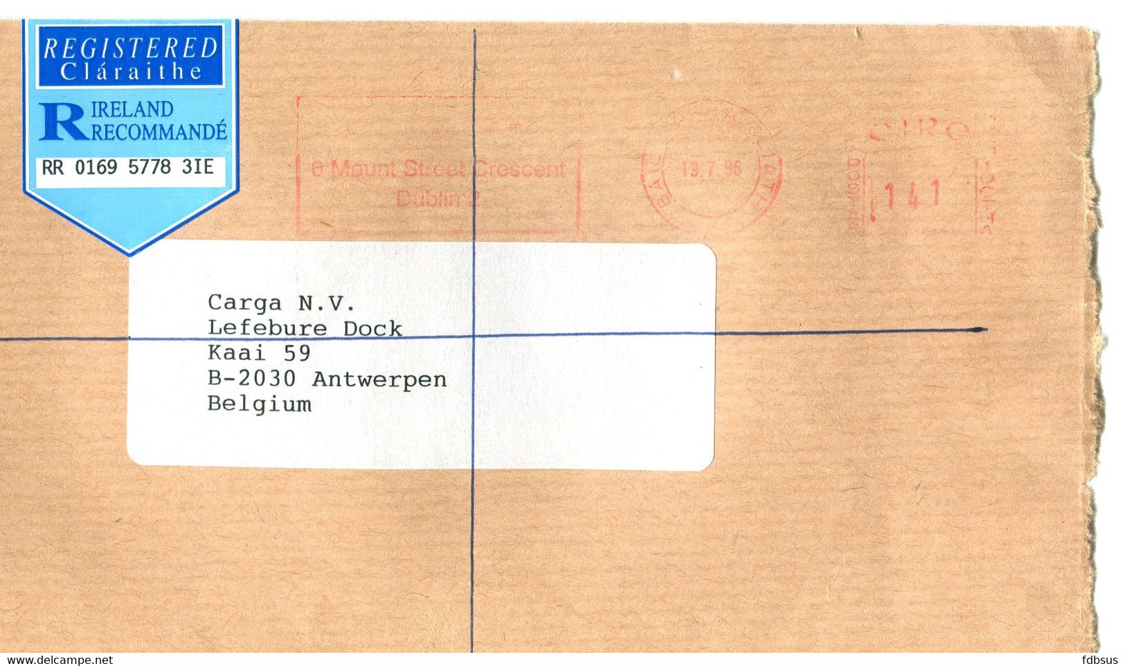 1996 Registered Cover From Dublin With Red Machine Cancellation And Sticker Claraithe And Sticker On Backside - Lettres & Documents