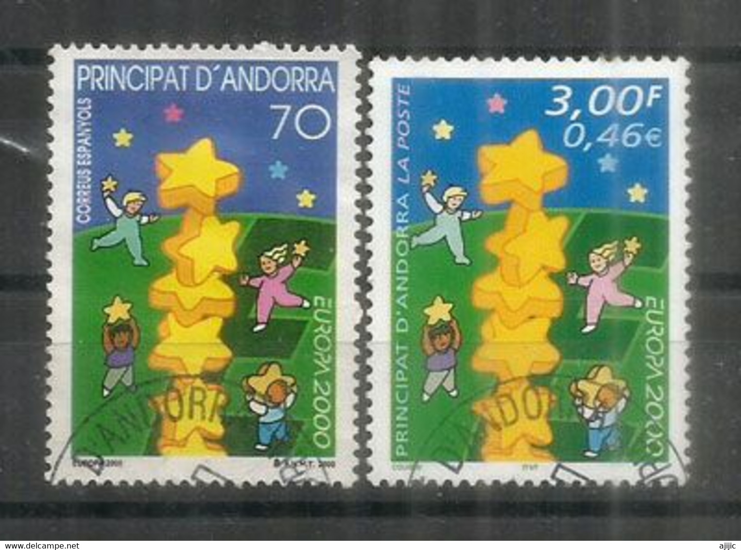 ANDORRE FRANCAIS/ANDORRA ESPAGNOL . Colonne D'étoiles.  2 Val.  And.FR + And.ESP, Oblitérés Andorre, 1 Ere Qualité - Used Stamps