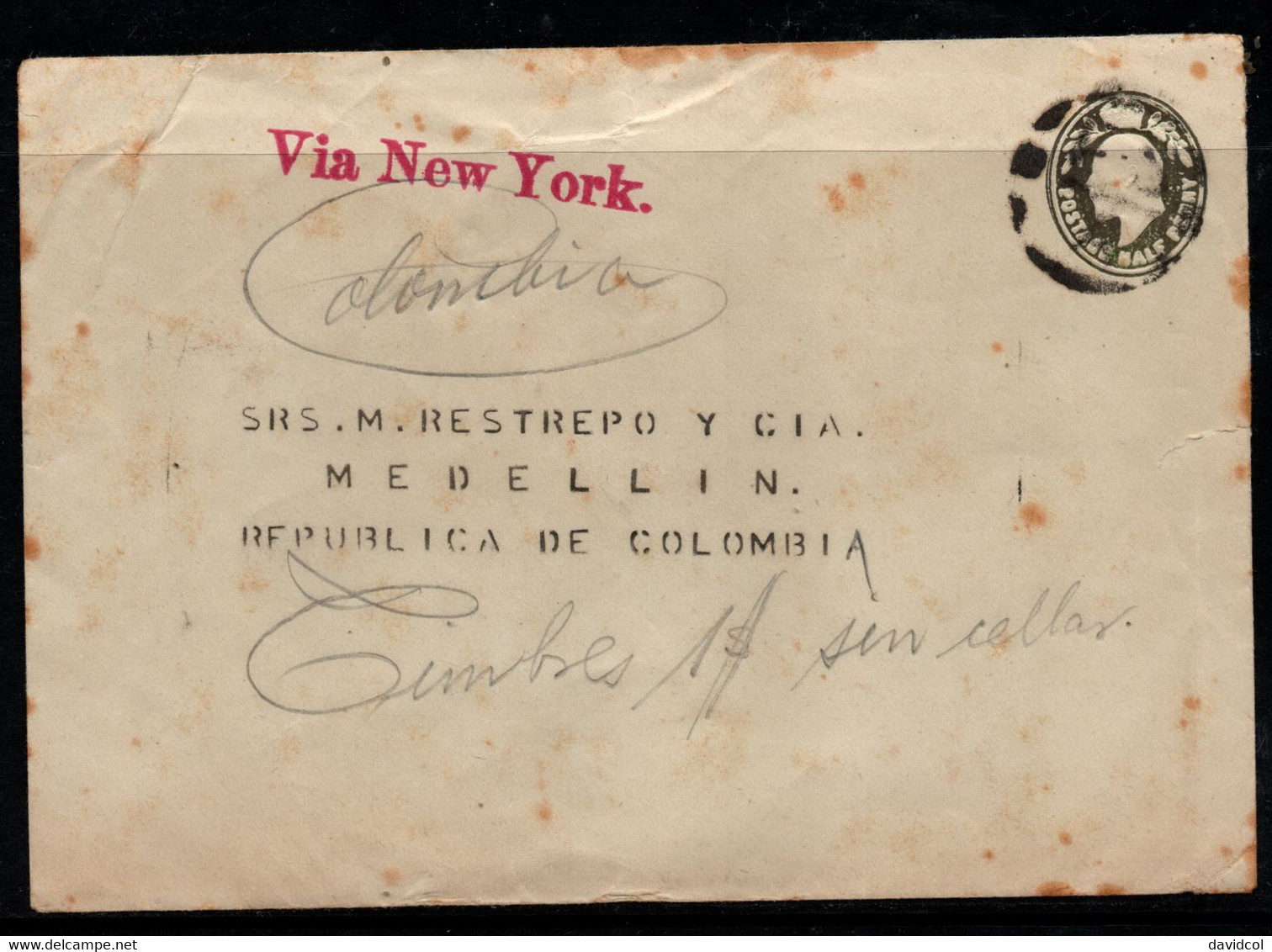 CA225- COVERAUCTION!!! - STATIONERY - GREAT BRITAIN 1/2 PENNY TO MEDELLIN, COLOMBIA- VIA NEW YORK - Storia Postale