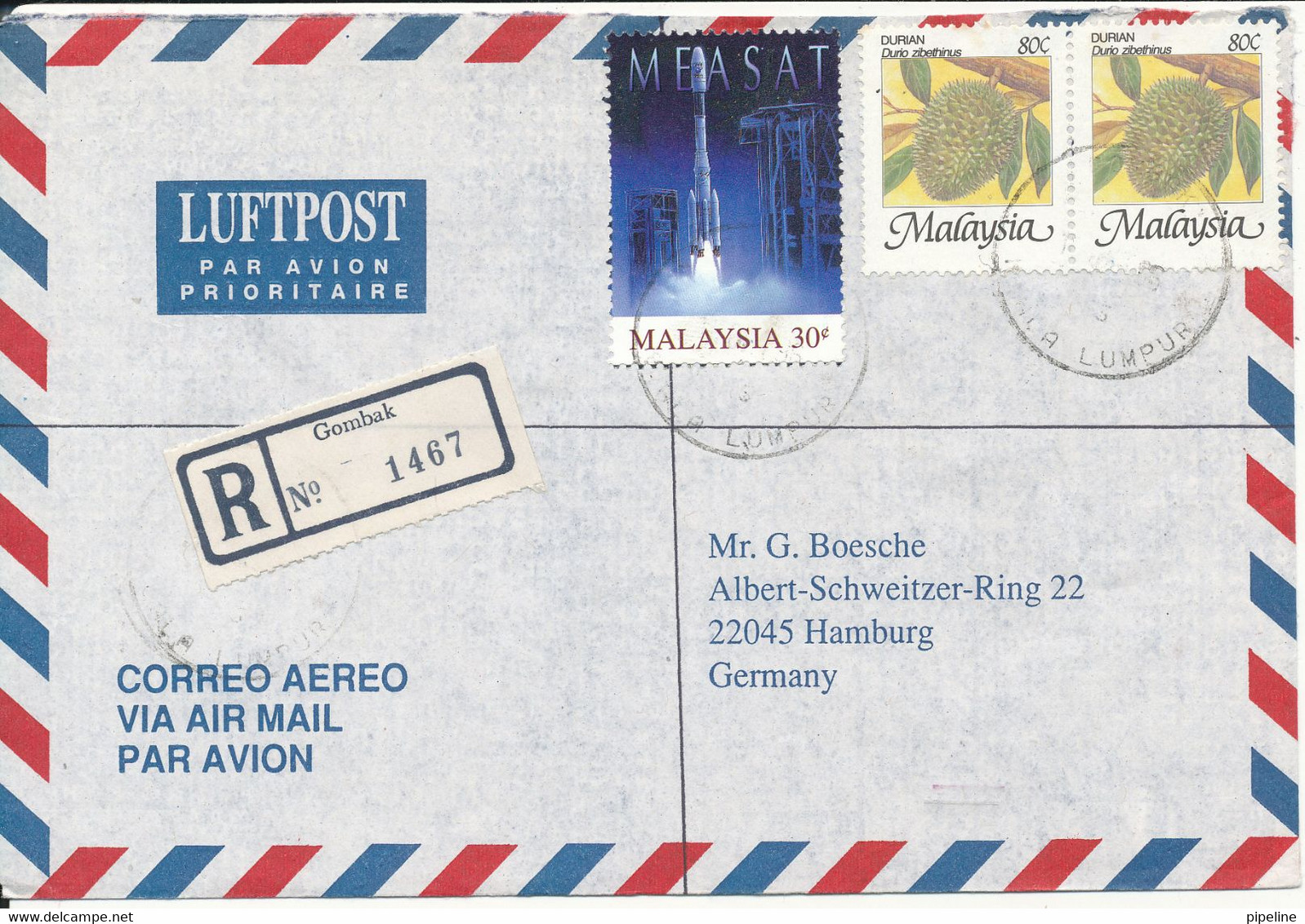 Malaysia Registered Air Mail Cover Sent To Germany Gombak - Malaysia (1964-...)
