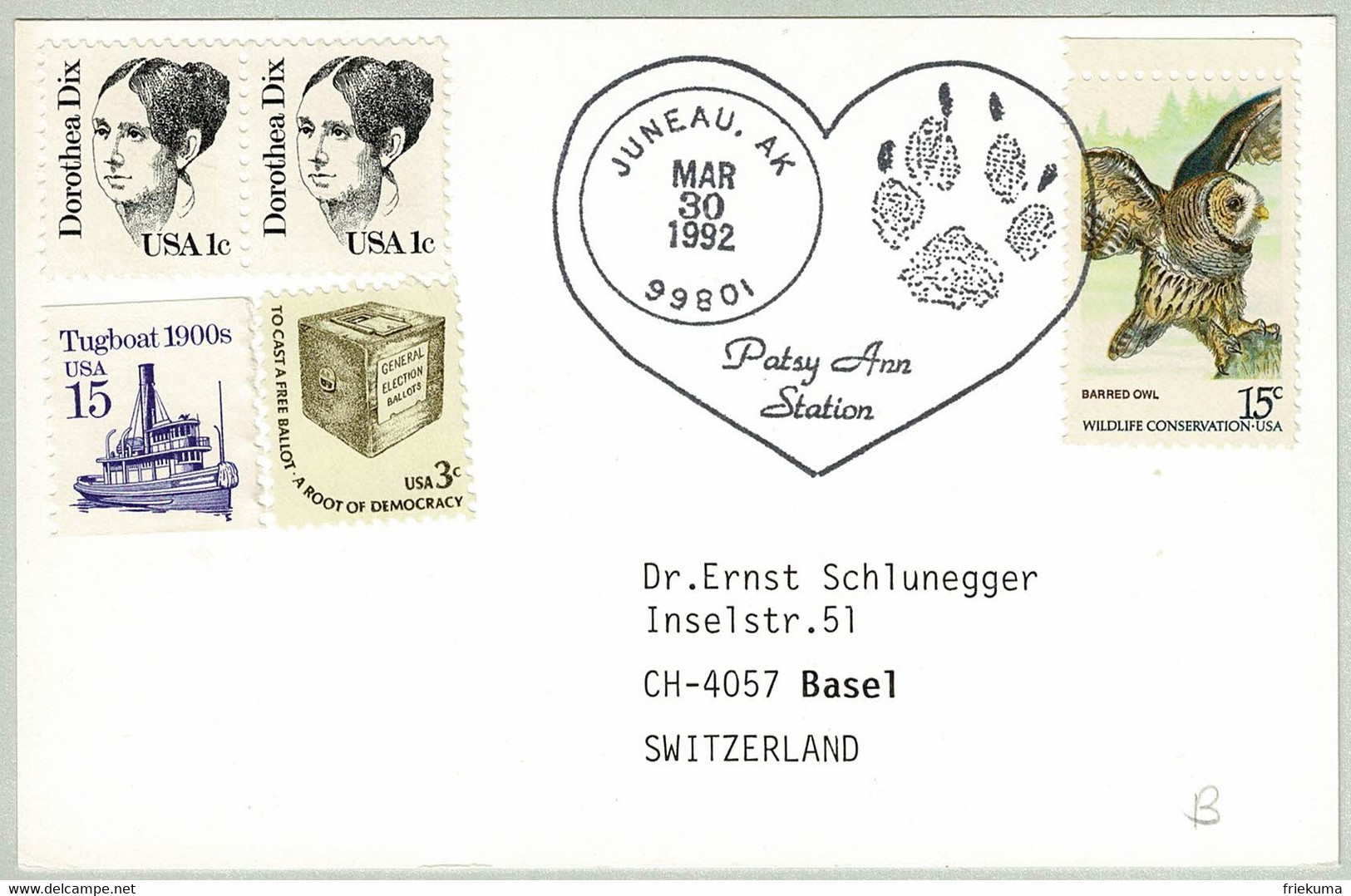 USA 1992, Postkarte Patsy Ann Station Juneau - Basel (Schweiz), Barred Owl - Cani