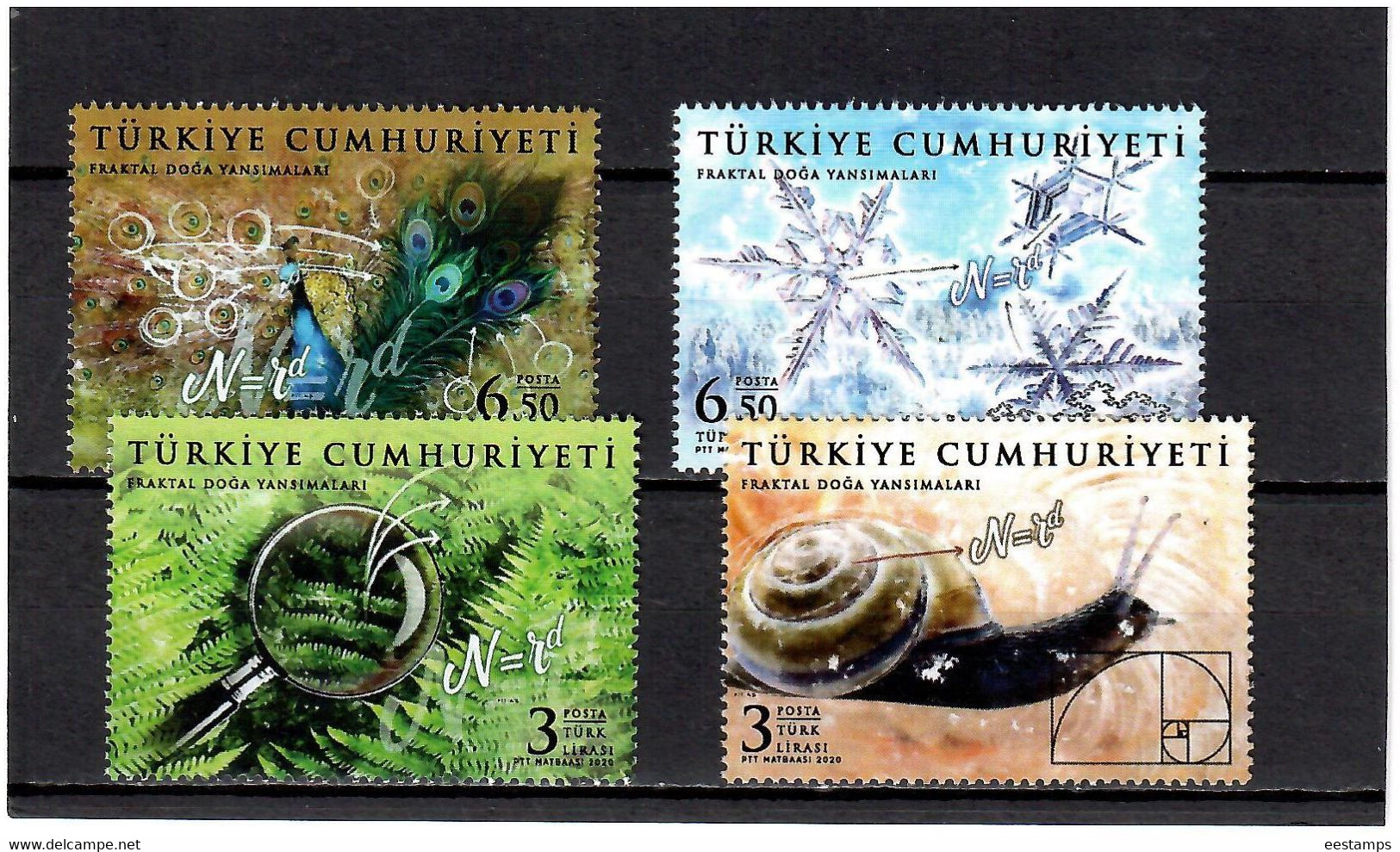 Turkey 2020 . Fractal Views Of Nature. Flora And Fauna. Snowflakes. Peacock. Fern. Snail. 4v.. Michel # 4610-13 - Neufs