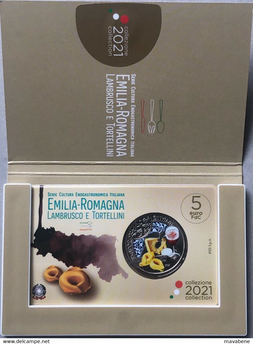 ITALIA 2021 MONETA COINCARD FDC 5 EURO EMILIA ROMAGNA LAMBRUSCO TORTELLINI IPZS - Collezioni