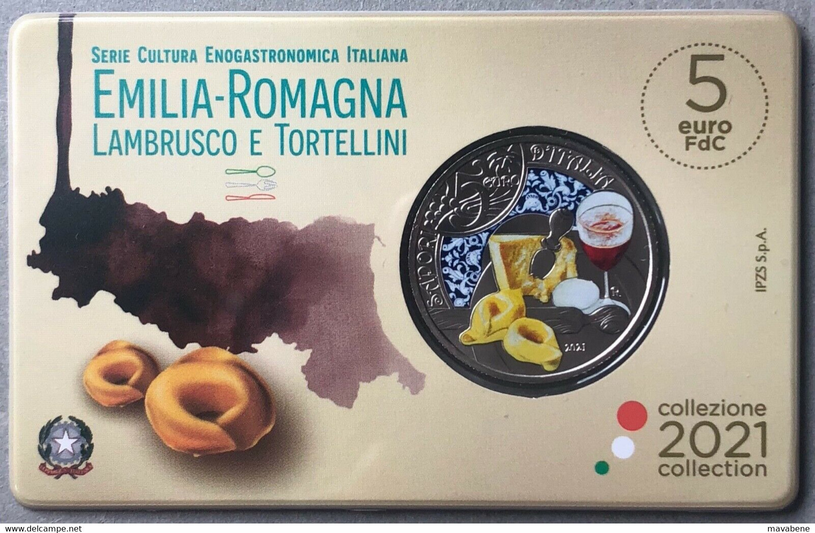 ITALIA 2021 MONETA COINCARD FDC 5 EURO EMILIA ROMAGNA LAMBRUSCO TORTELLINI IPZS - Collezioni