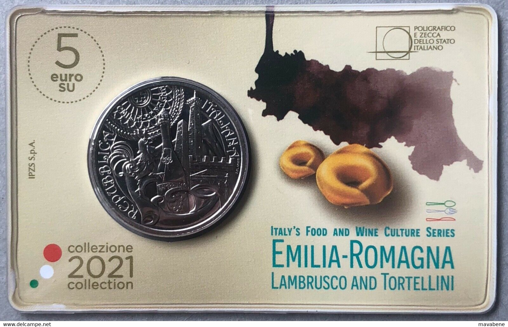ITALIA 2021 MONETA COINCARD FDC 5 EURO EMILIA ROMAGNA LAMBRUSCO TORTELLINI IPZS - Collections