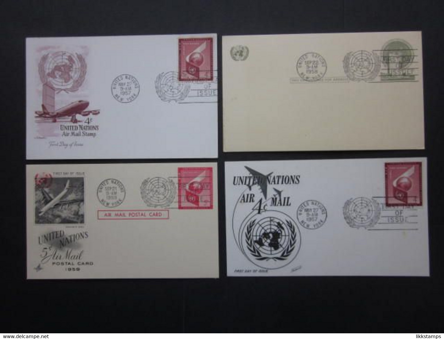 A GROUP OF FOUR 1950's UNITED NATIONS POSTAL CARDS WITH FIRST DAY OF ISSUE POSTMARKS. ( 02224 ) - Covers & Documents