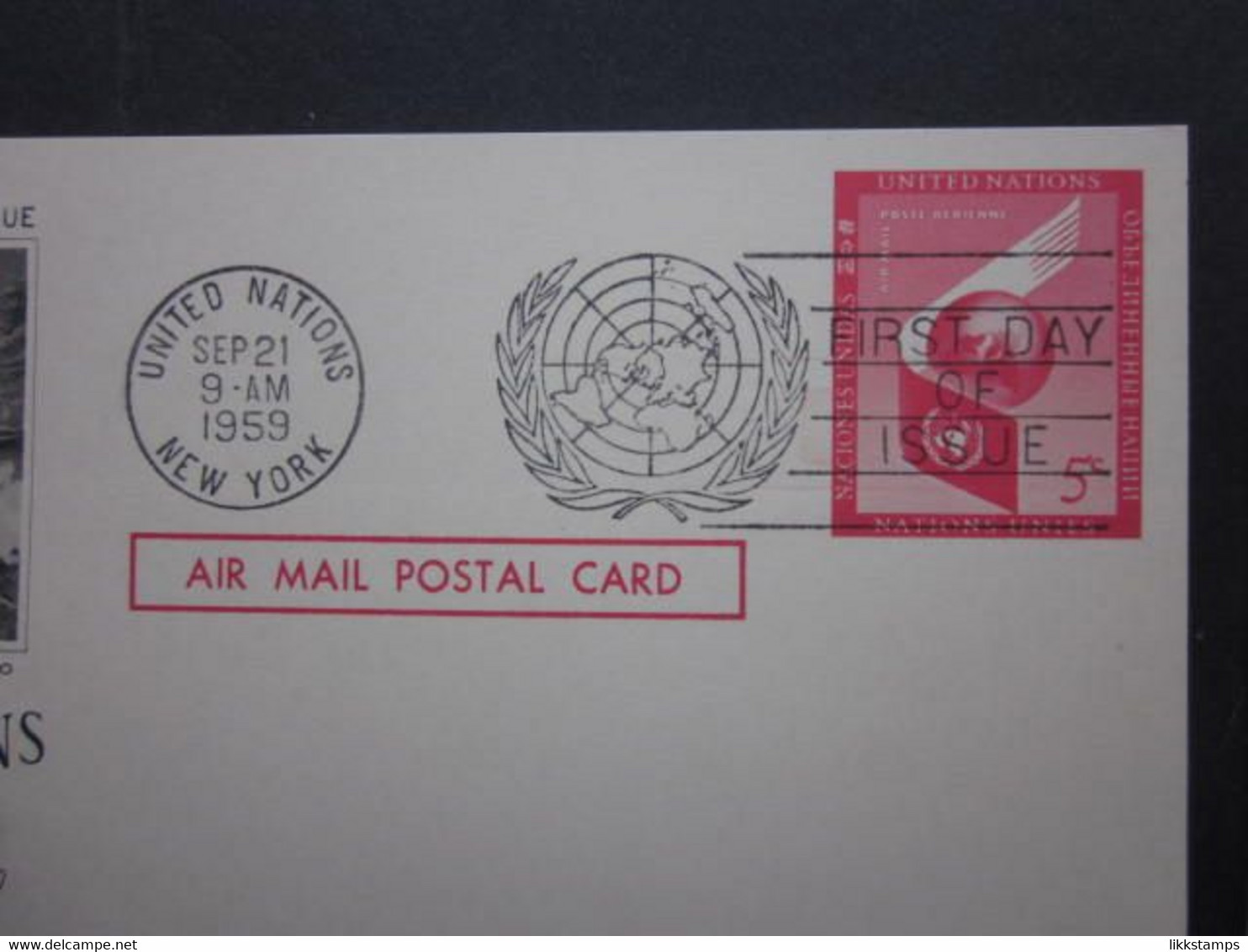 A GROUP OF FIVE 1950's UNITED NATIONS POSTAL CARDS WITH FIRST DAY OF ISSUE POSTMARKS. ( 02225 ) - Covers & Documents