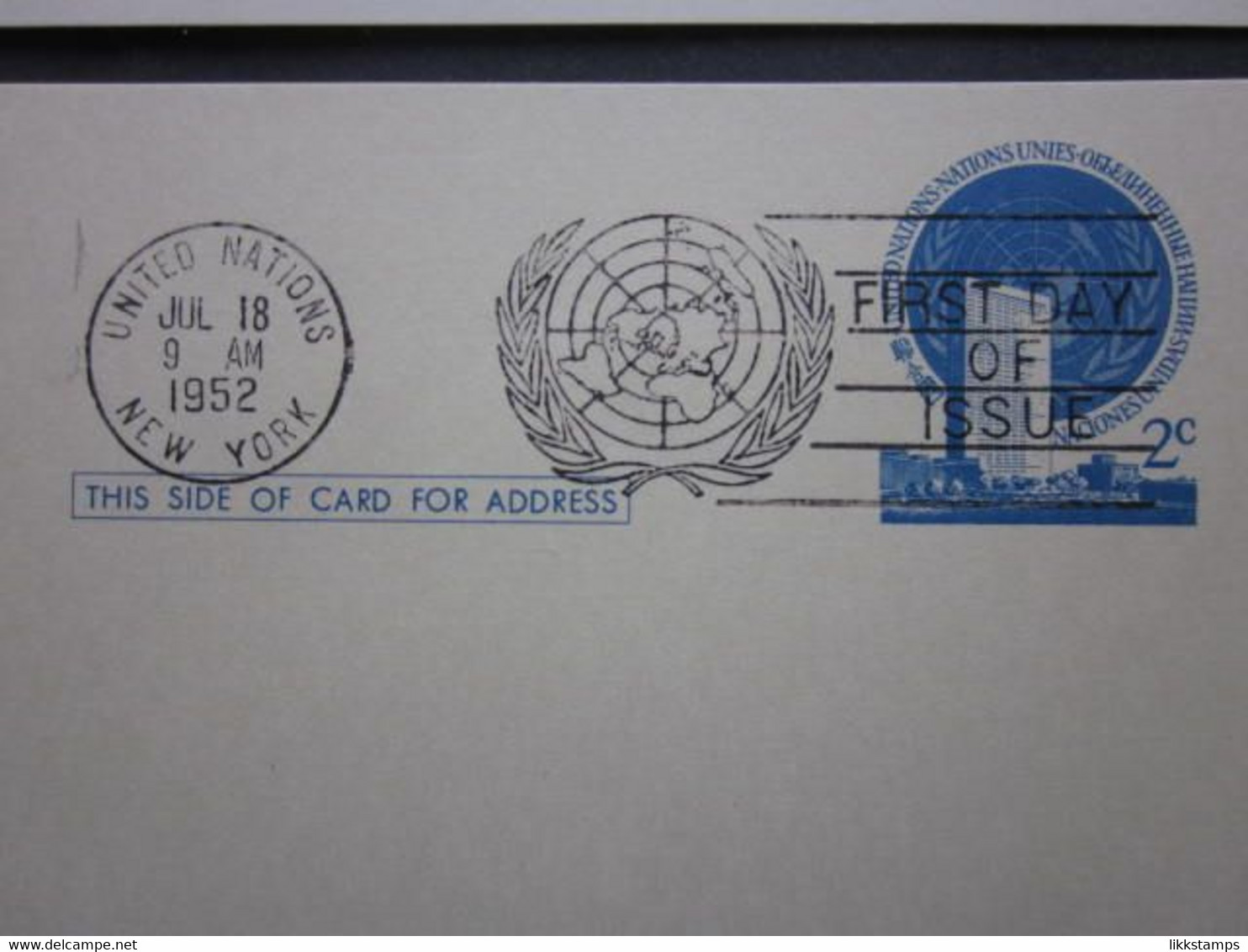 A GROUP OF FIVE 1950's UNITED NATIONS POSTAL CARDS WITH FIRST DAY OF ISSUE POSTMARKS. ( 02225 ) - Cartas & Documentos