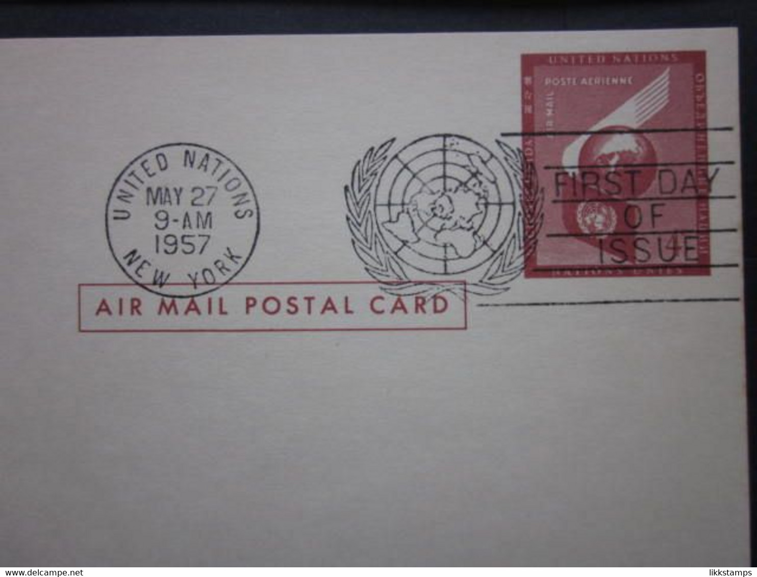A GROUP OF FIVE 1950's UNITED NATIONS POSTAL CARDS WITH FIRST DAY OF ISSUE POSTMARKS. ( 02225 ) - Briefe U. Dokumente