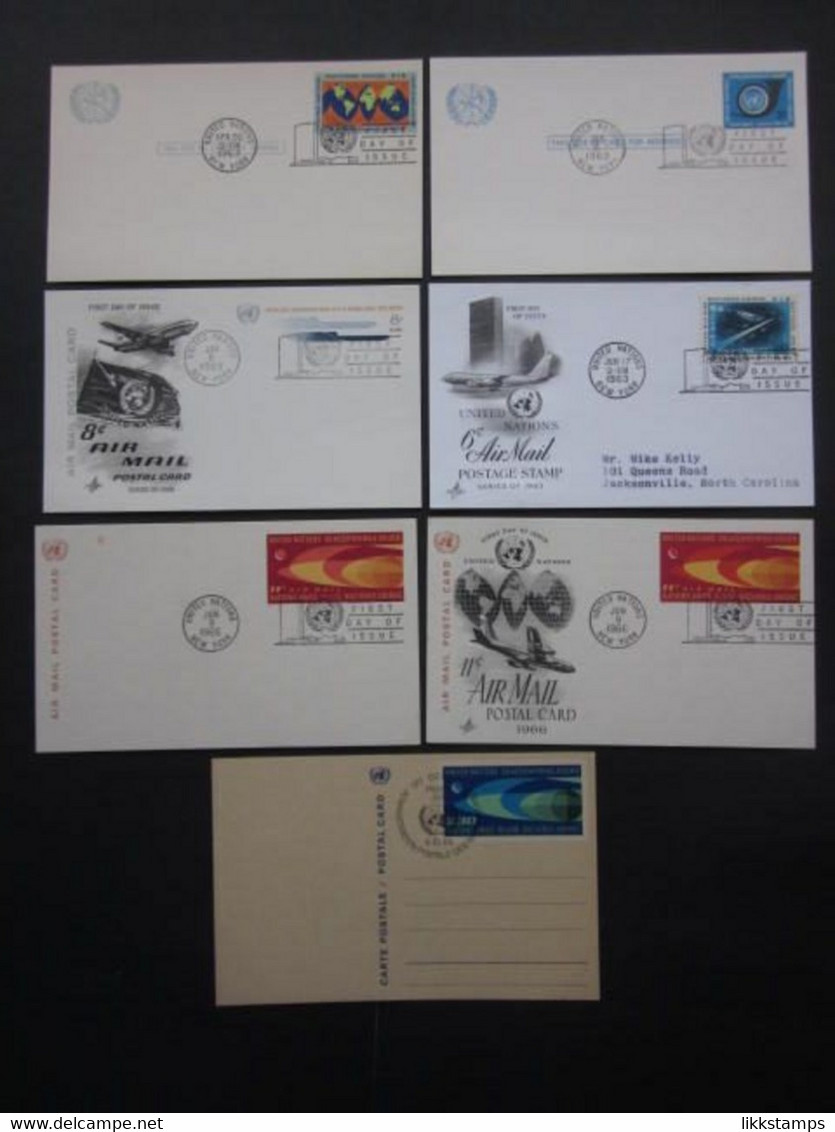 A GROUP OF SEVEN 1960's UNITED NATIONS POSTAL CARDS WITH FIRST DAY OF ISSUE POSTMARKS. ( 02227 ) - Covers & Documents