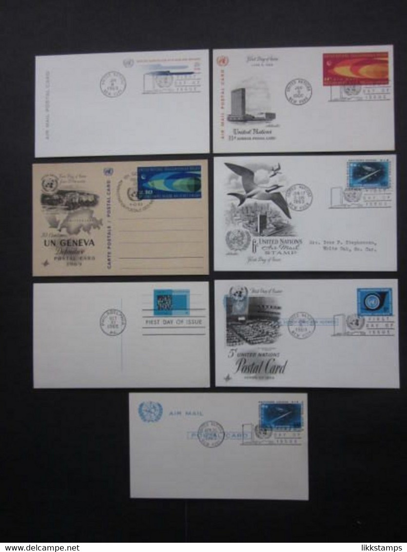 A1960's GROUP OF SEVEN UNITED NATIONS POSTAL CARDS WITH FIRST DAY OF ISSUE POSTMARKS. ( 02228 ) - Cartas & Documentos