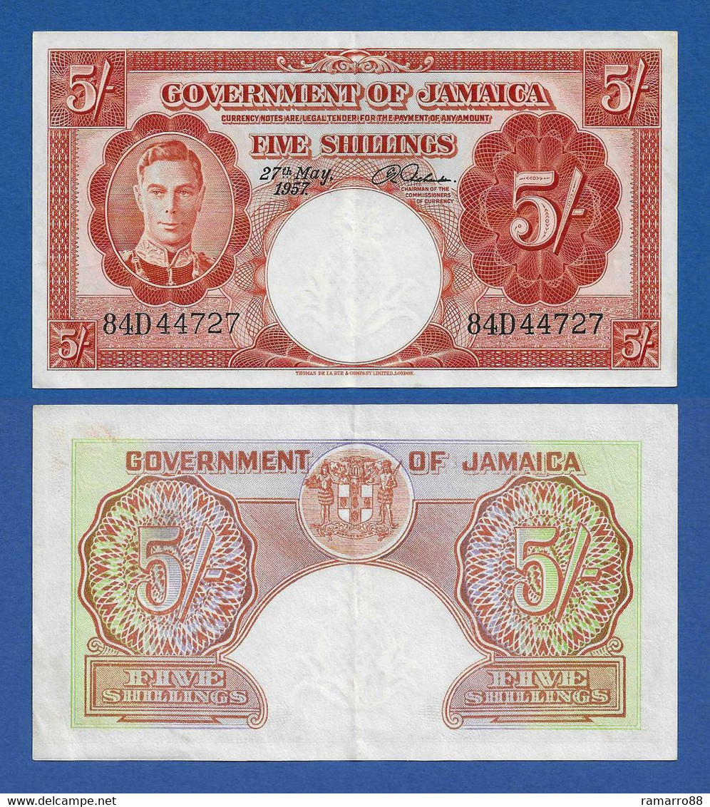 Jamaica 5 Shillings 1957 - King George VI - Pick # 37b Rare - AXF - Jamaique