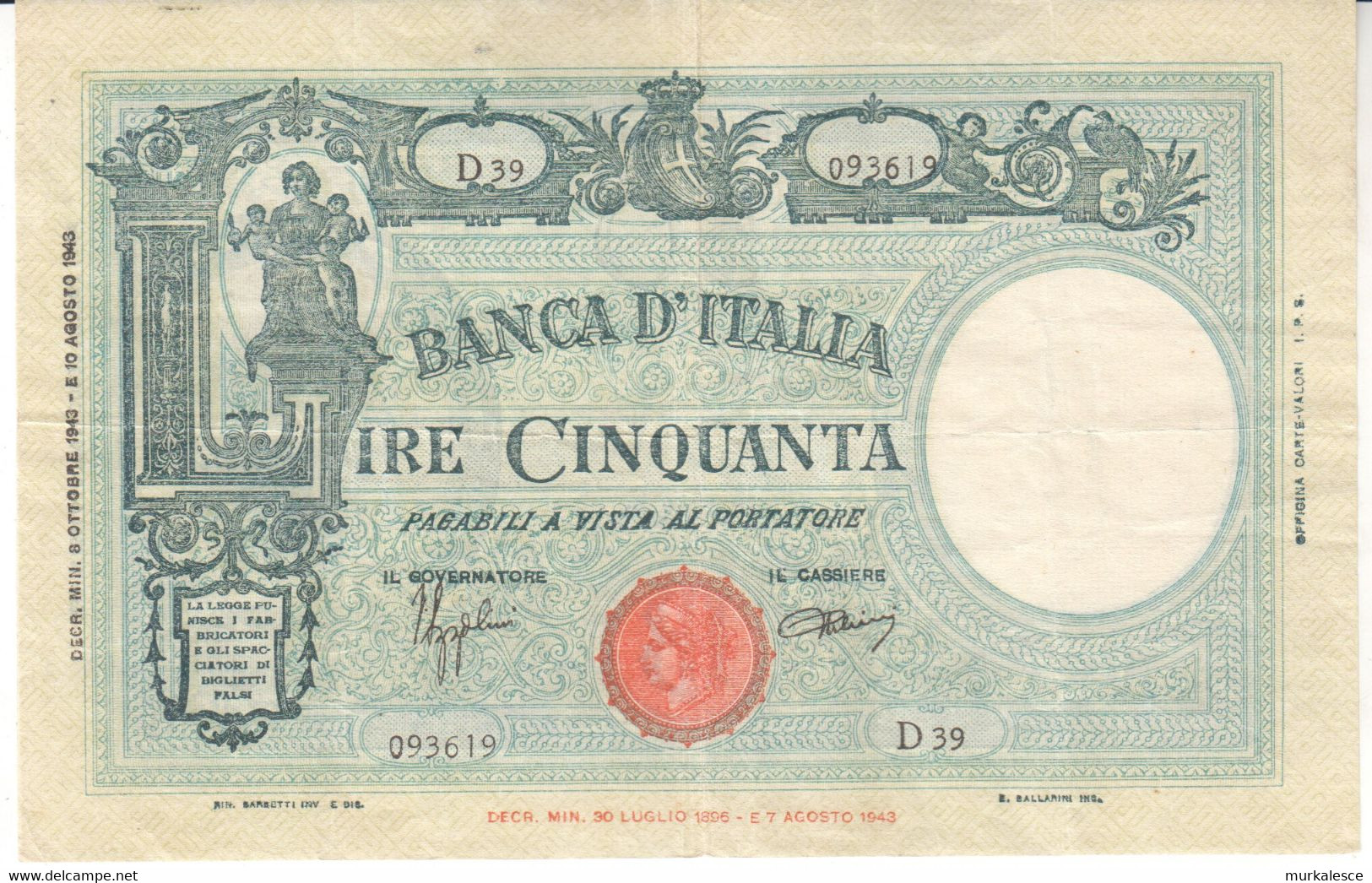 9919--ITALIA  LIRE  CINQUANTA    AGOSTO  1943 - 50 Lire
