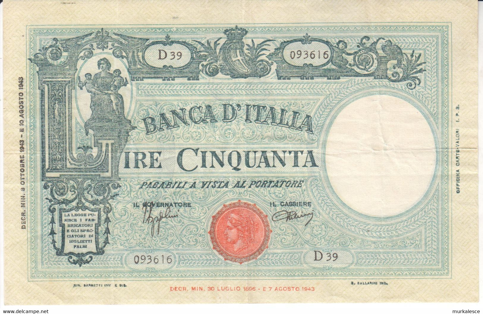 9920--ITALIA  LIRE  CINQUANTA    AGOSTO  1943 - 50 Lire