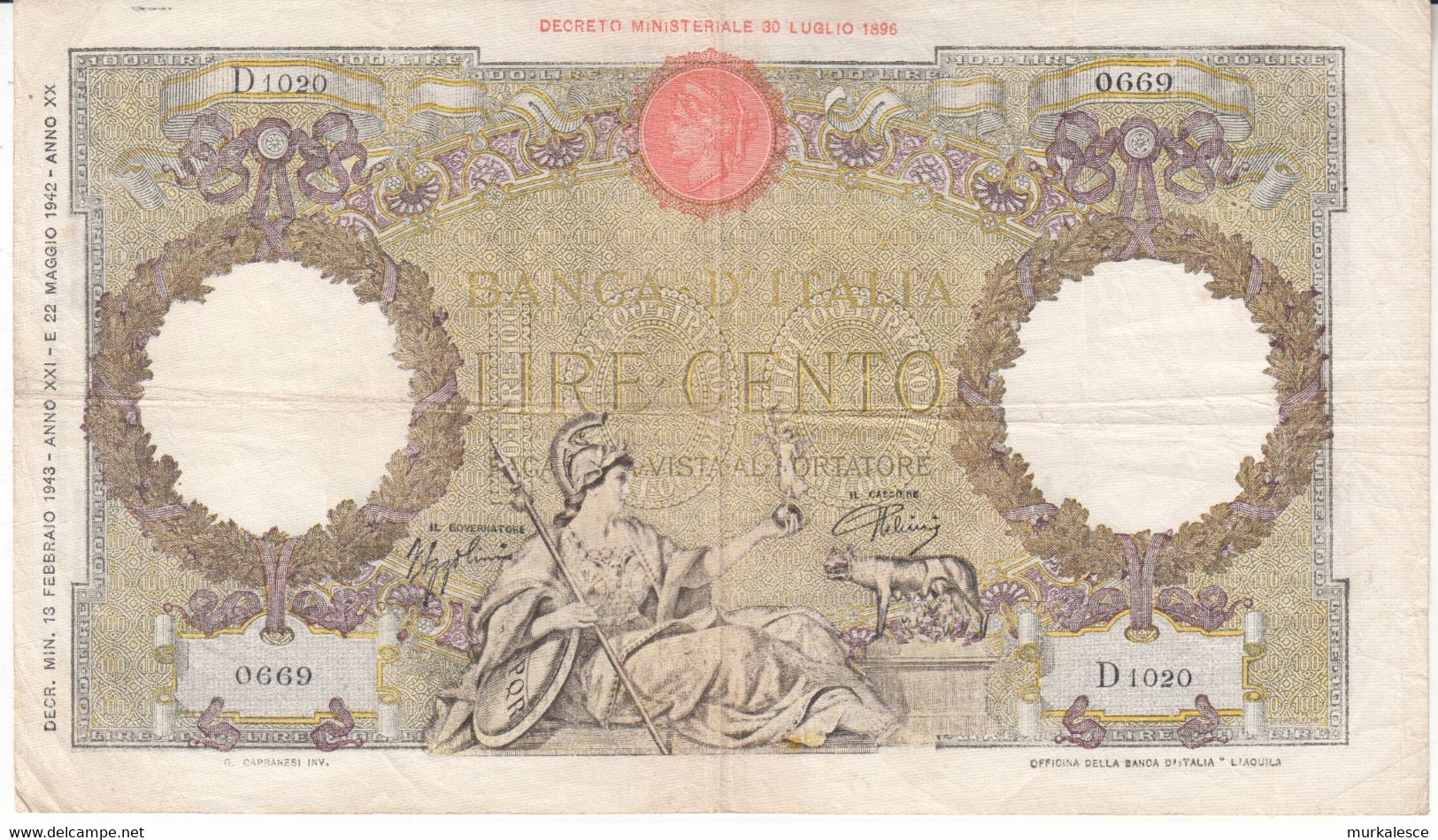 9921--ITALIA  LIRE  CENTO     1942-43 - 100 Lire