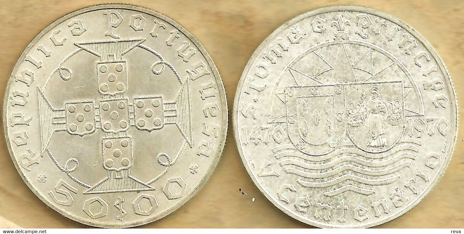 SAO TOME & PRINCIPE 50 ESCUDOS EMBLEM FRONT SHIELDS BACK 1970 AG SILVER UNC  KM21 READ DESCRIPTION !!! - São Tomé Und Príncipe