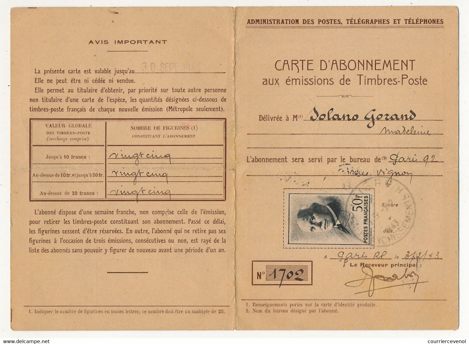 FRANCE - Carte D'abonnement Aux Timbres-poste, Affr 50F Pétain - Obl PARIS RP - 1943 / Intérieur Paris 92 Rue Vignon - 1941-42 Pétain