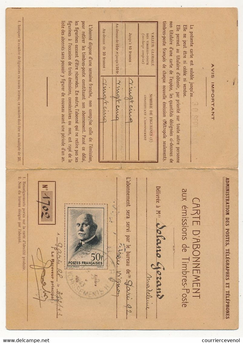 FRANCE - Carte D'abonnement Aux Timbres-poste, Affr 50F Pétain - Obl PARIS RP - 1943 / Intérieur Paris 92 Rue Vignon - 1941-42 Pétain