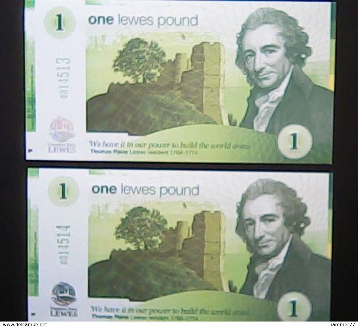 United Kingdom England 2013: Lewes 2 X 1 Pound Consecutive Serial Numbers Unc - 1 Pound