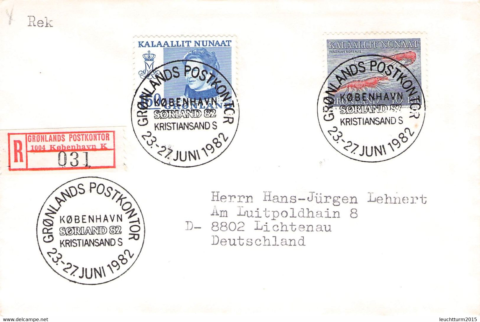 GREENLAND - REGISTERED LETTER 1982 GRONLANDS POSTKONTOR/KOBENHAVN > LICHTENAU/DE Mi #114, 133 / PR122 - Briefe U. Dokumente