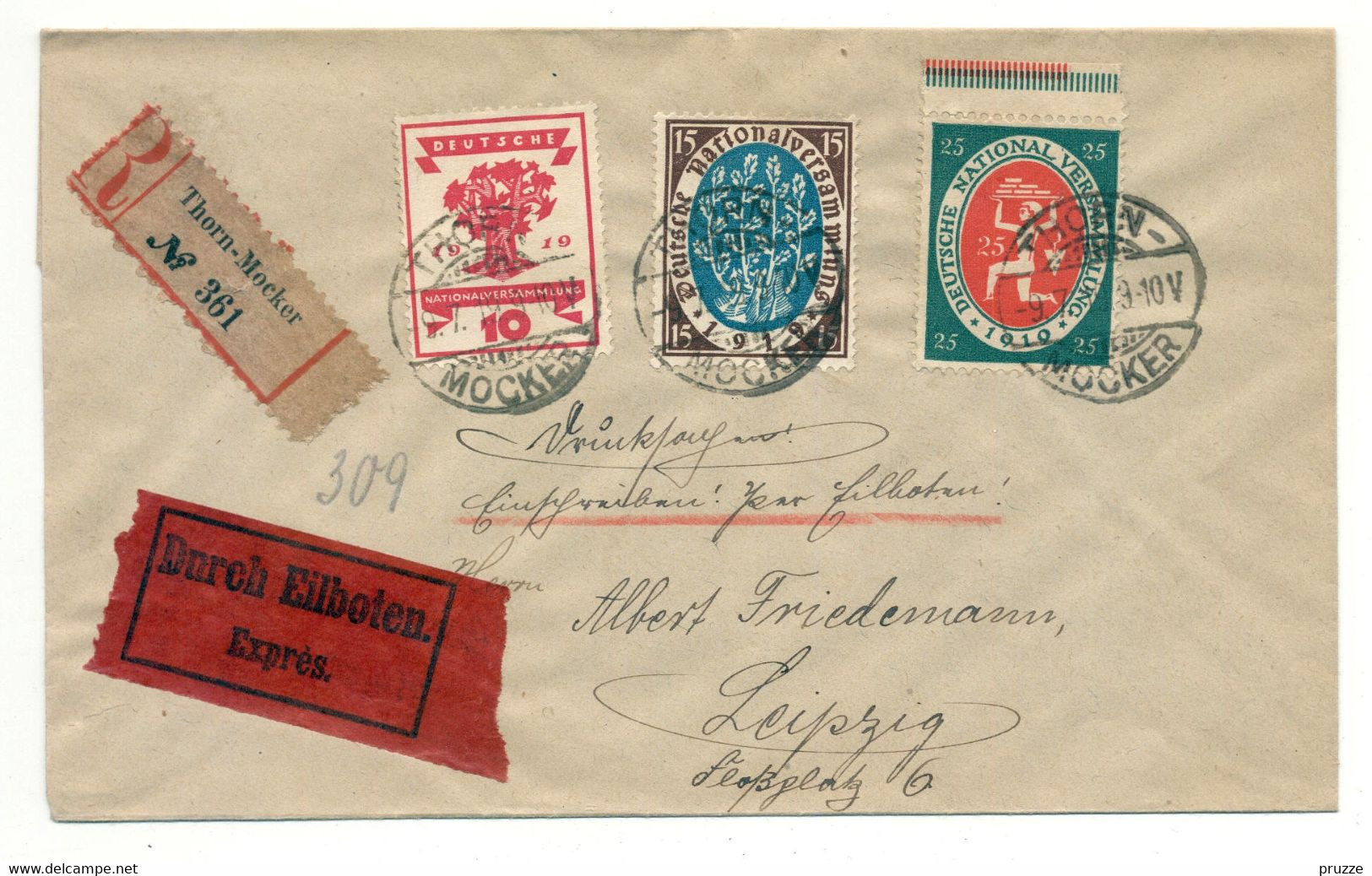 Einschreiben, Durch Eilboten, Express, Thorn-Mocker 1919 Nach Leipzig, Michel-Nr. 107-109 - Buste