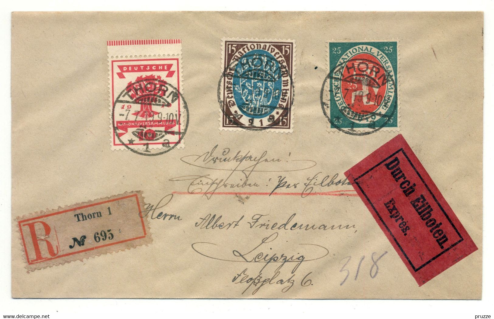 Einschreiben, Durch Eilboten, Express, Thorn 1919 Nach Leipzig, Michel-Nr. 107-109 - Omslagen