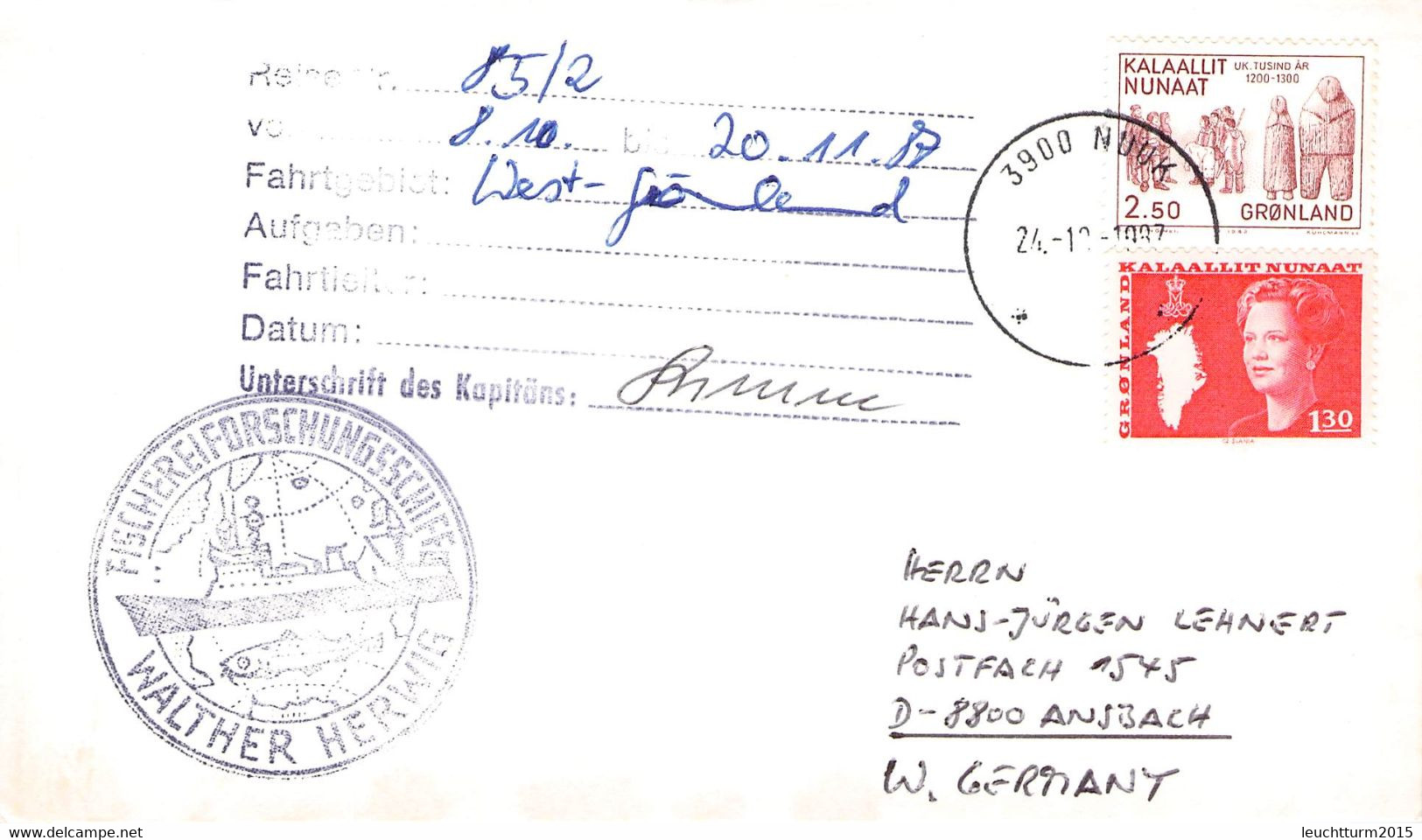 GREENLAND - LETTER 1987 NUUK > ANSBACH/DE Mi #121, 143  / PR 134 - Storia Postale