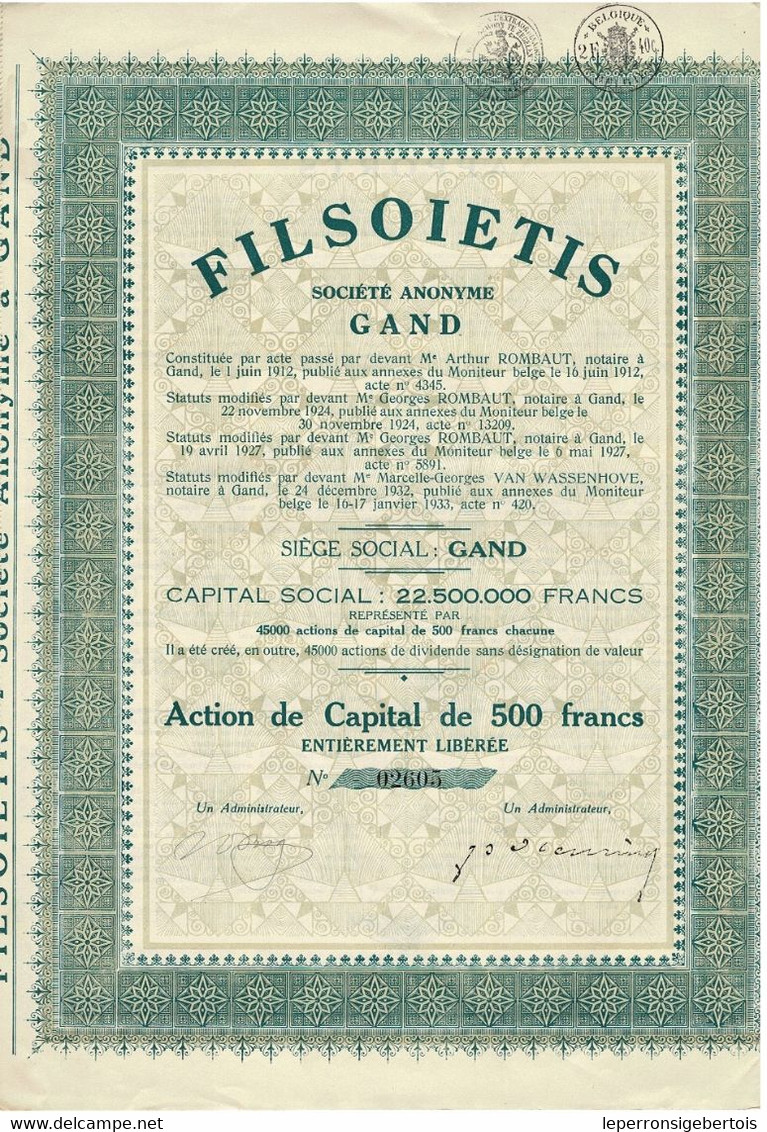 Titre Ancien - FILSOIETIS - Société Anonyme Gand - Titre De 1933 - - Textiel