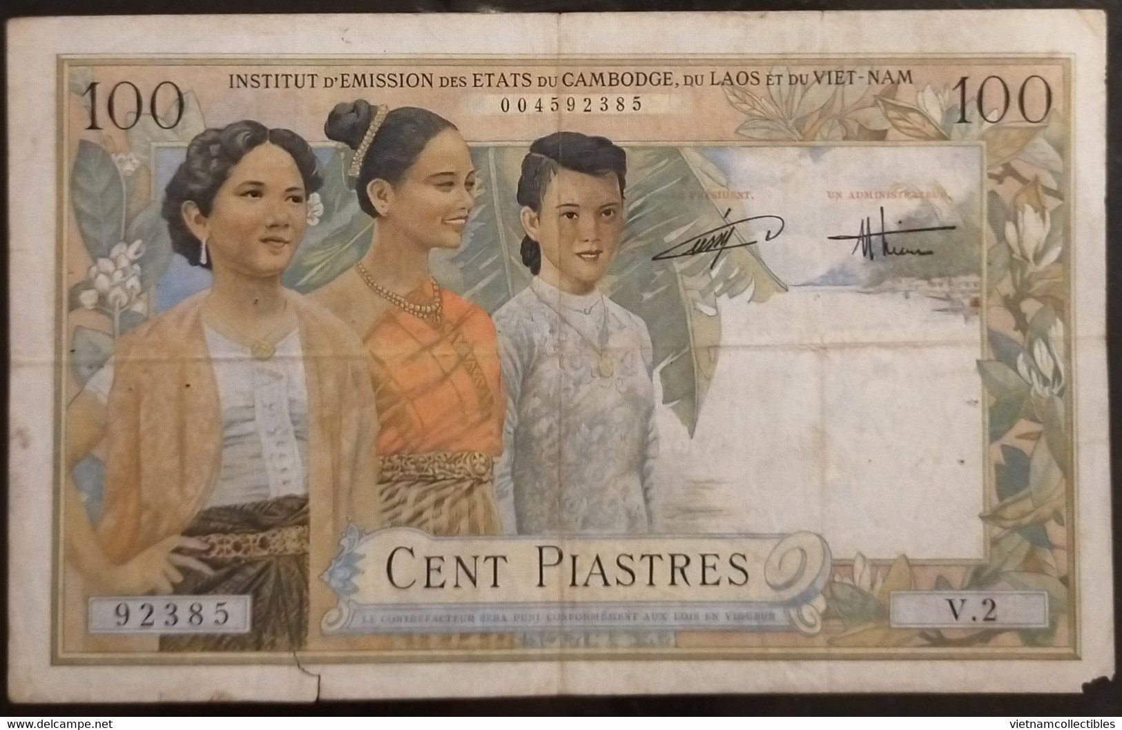 Indochina Indochine Vietnam Viet Nam Laos Cambodia 100 Piastres Fine Banknote Note / Billet 1953 - Pick # 108 / 2 Photos - Indochine