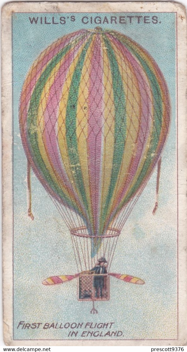 AVIATION 1910  -   England 1st Balloon Flight  - Wills Cigarette Card - Original  - Antique - Airship - Balloon - Wills