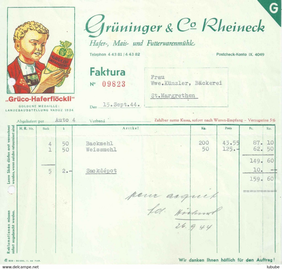 Rechnung  "Jules Grüninger, Mühle, Rheineck (Grüco-Haferflöckli)"            1944 - Suiza