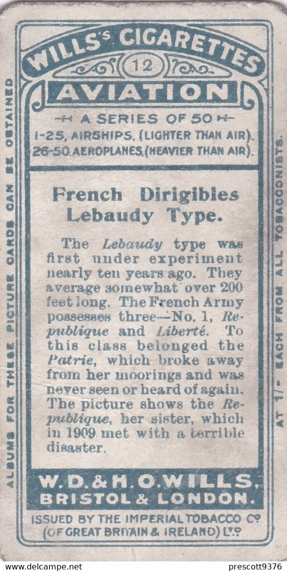 AVIATION 1910  -  12 French Lebaudy Type - Wills Cigarette Card - Original  - Antique - Airship - Balloon - Wills
