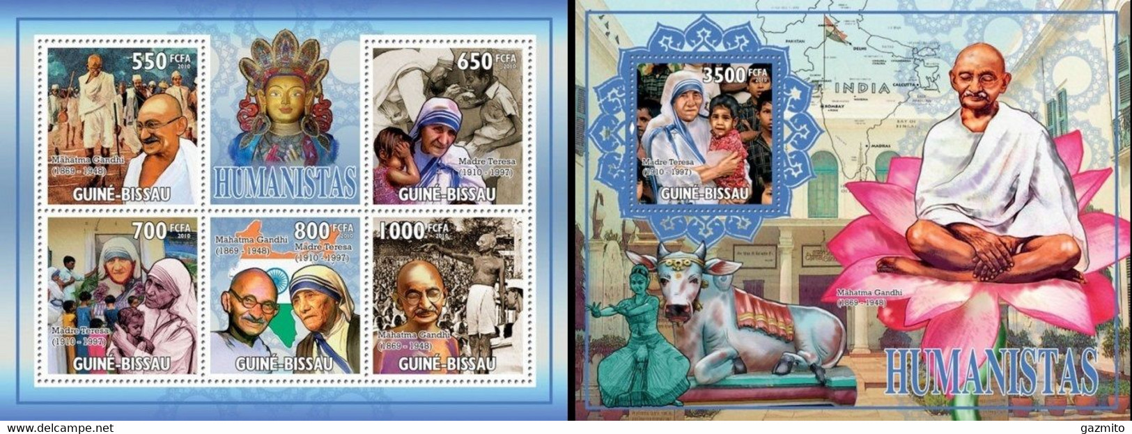 Guinea Bissau 2010, Humanistas, Gandhi, Mother Teresa, 5val In BF +BF - Madre Teresa