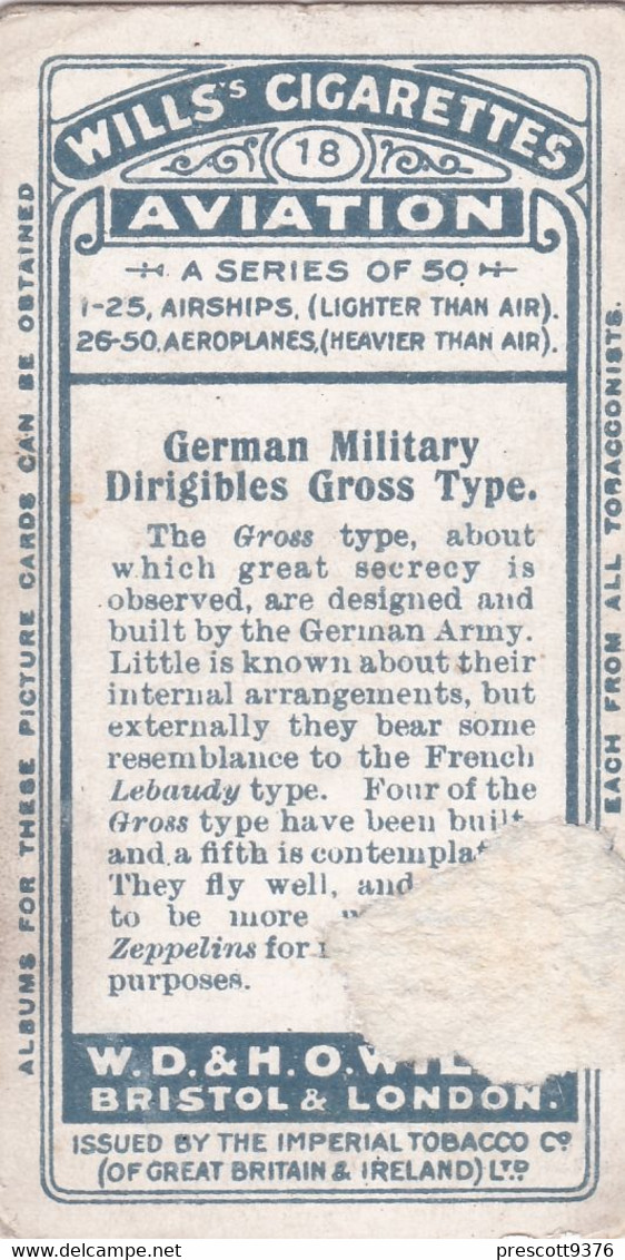 AVIATION 1910  - 18 German Military "Gross"   - Wills Cigarette Card - Original  - Antique - Airship - Balloon - - Wills