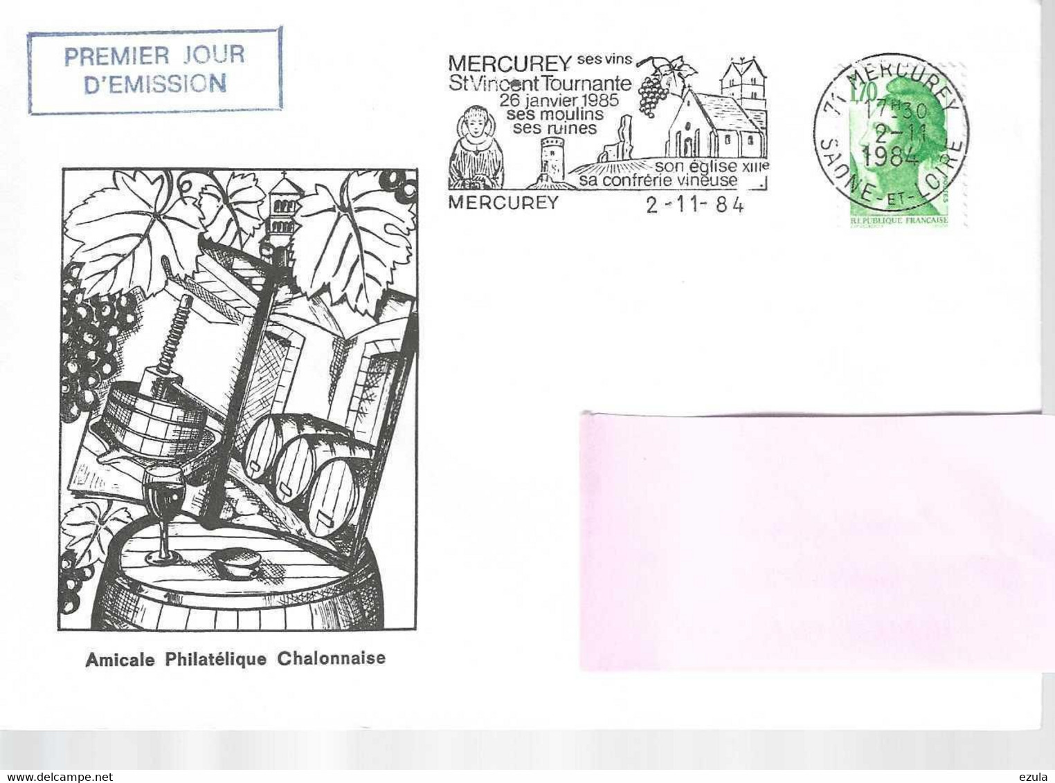 1 Er Jour De La Flamme Saint Vincent  Tournante  MERCUREY 2/11/84 - Enveloppes Repiquages (avant 1995)