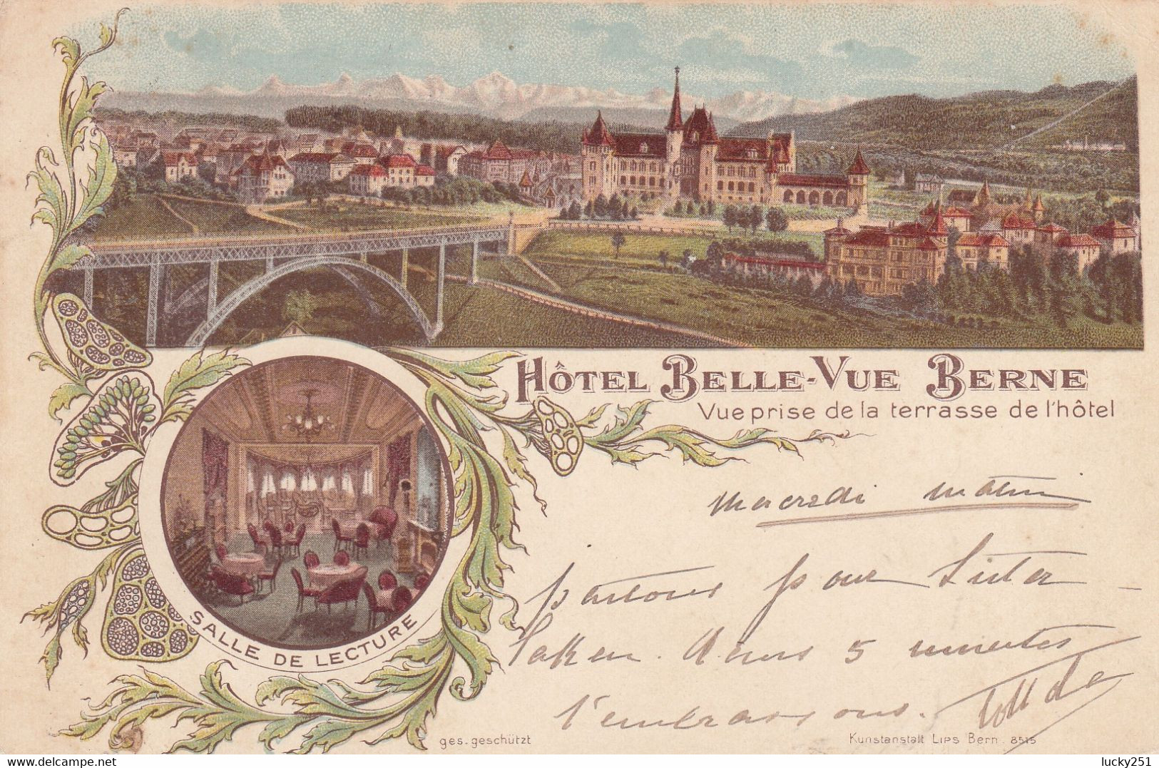 Suisse - Hôtel - Berne - Hôtel Belle Vue - Circulée 26/08/1903 - Litho - Berne