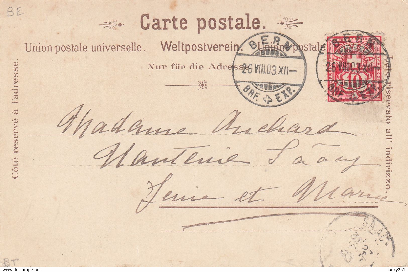 Suisse - Hôtel - Berne - Hôtel Belle Vue - Circulée 26/08/1903 - Litho - Berne