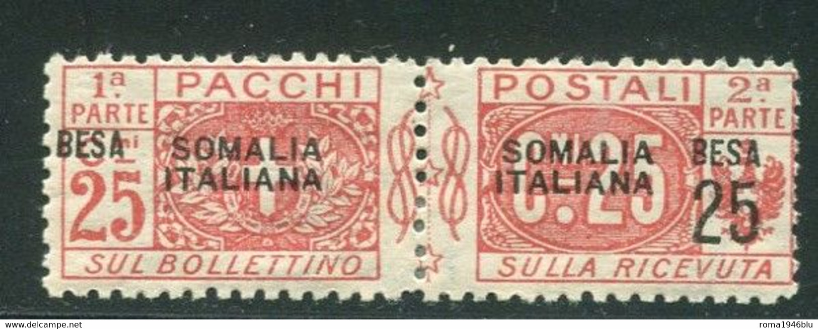 SOMALIA 1923 PACCHI POSTALI 25 B SU 25 C. SASSONE N.24  * GOMMA ORIGINLE - Somalia