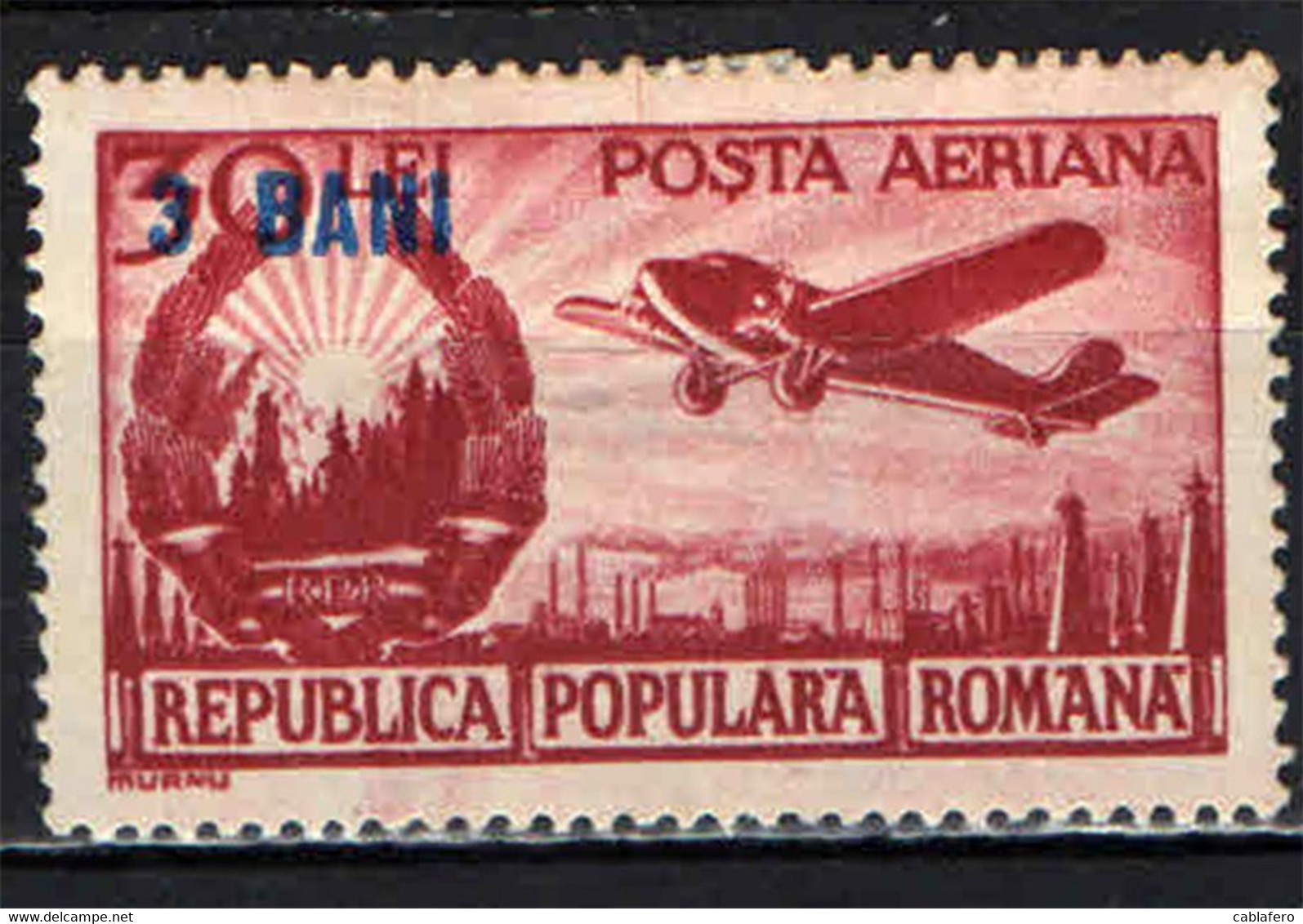 ROMANIA - 1952 - AEREO CHE VOLA SU EMBLEMA DELLA REPUBBLICA E FABBRICHE CON SOVRASTAMPA - OVERPRINTED - MH - Nuevos