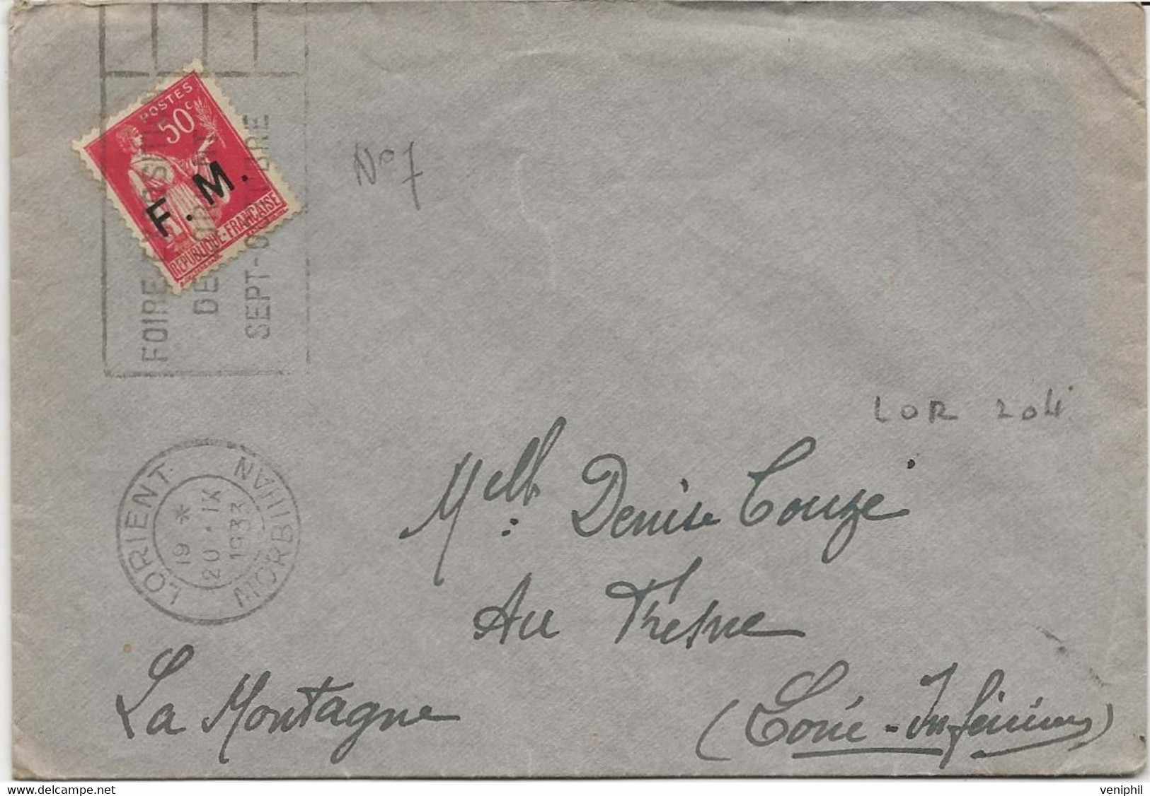 LETTRE AFFRANCHIE FRANCHISE MILITAIRE N° 7 - OBLITEREE CAD FLAMME LORIENT -ANNEE 1933 - Lettres & Documents